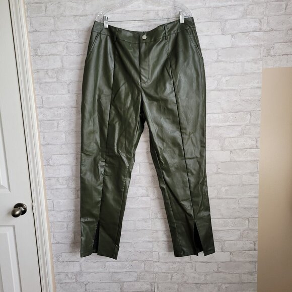 Pretty Little Thing Plus Khaki PU Split Hem Trousers Size 16 NWT - Picture 1 of 9